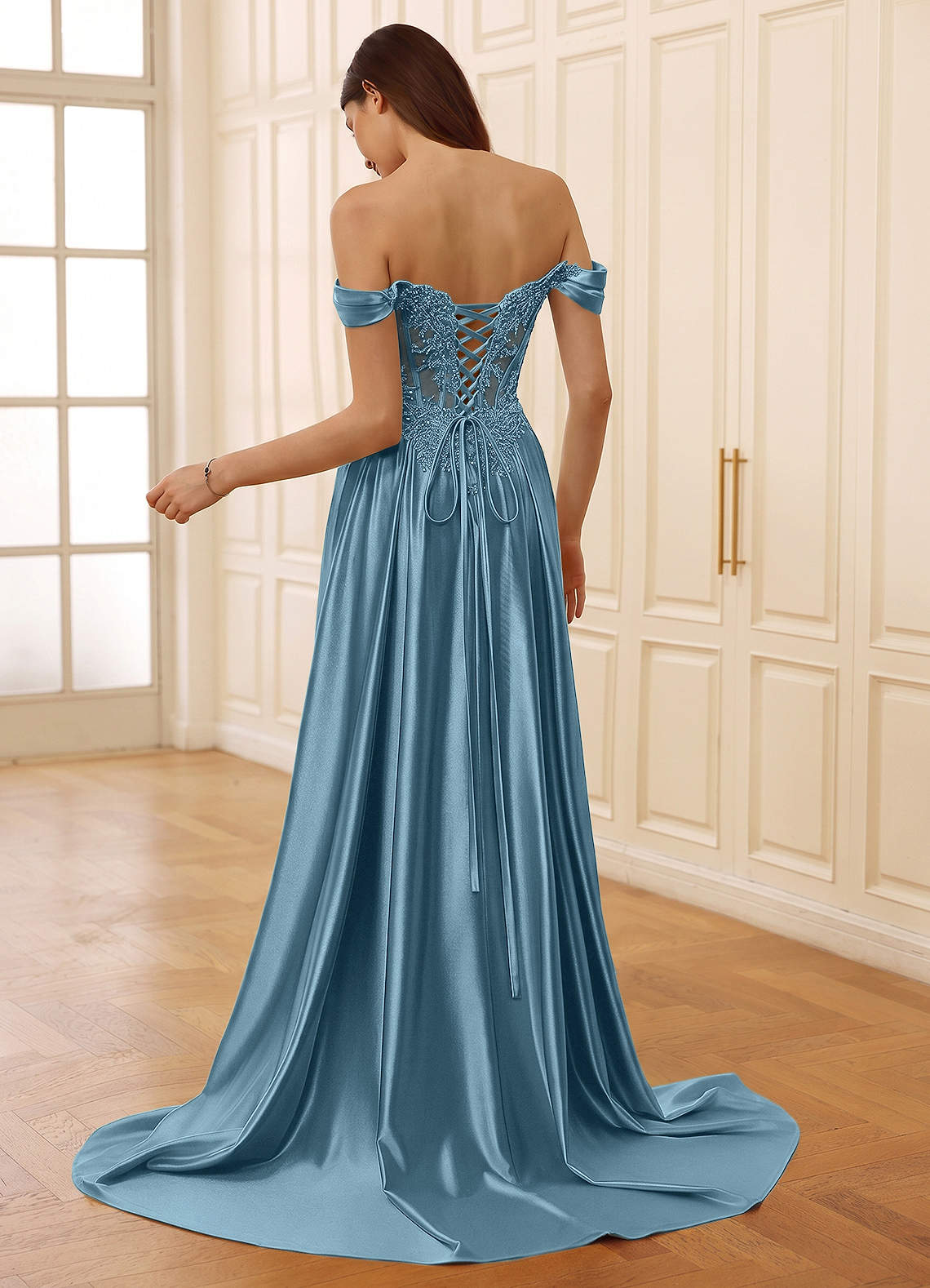 Rowane A-Line Off-the-Shoulder Satin Evening Dress in dusty blue