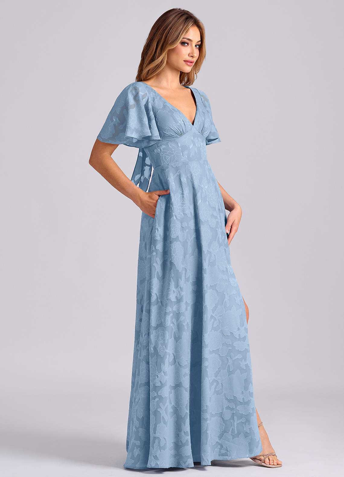 Kimber A-Line V-Neck Floral Burnout Bridesmaid Dress in Powder Blue