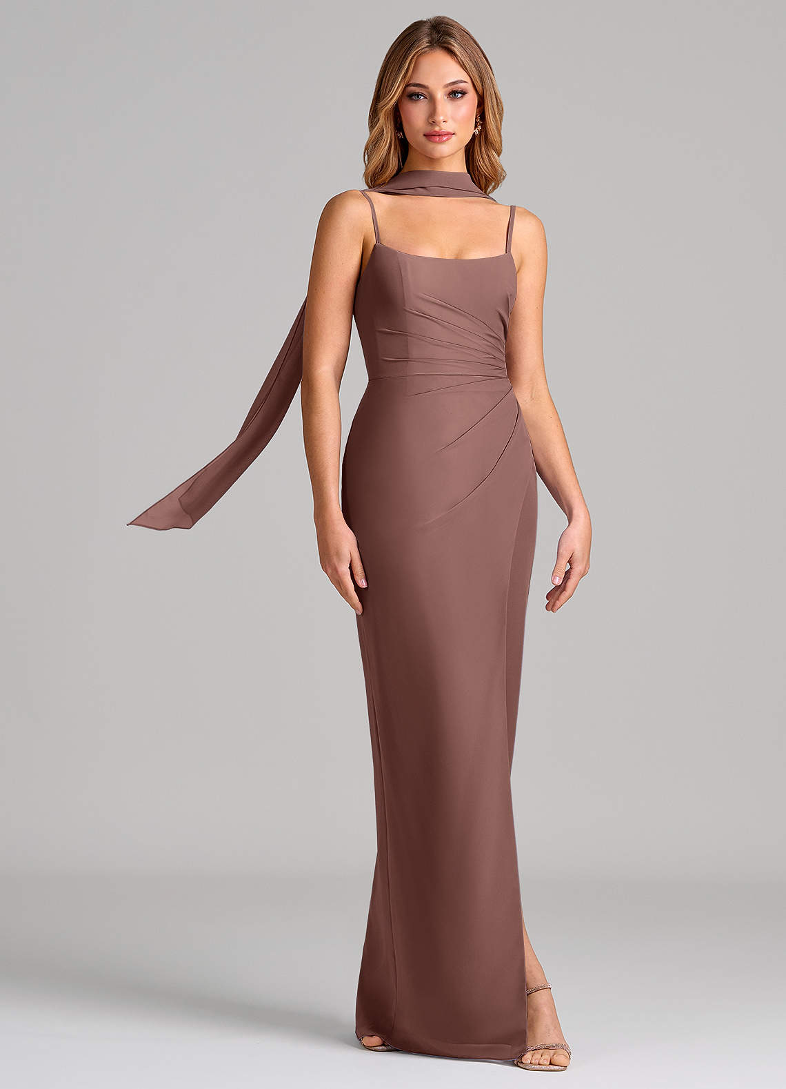 Calandra Sheath Scoop-Neck Chiffon Bridesmaid Dress in Espresso