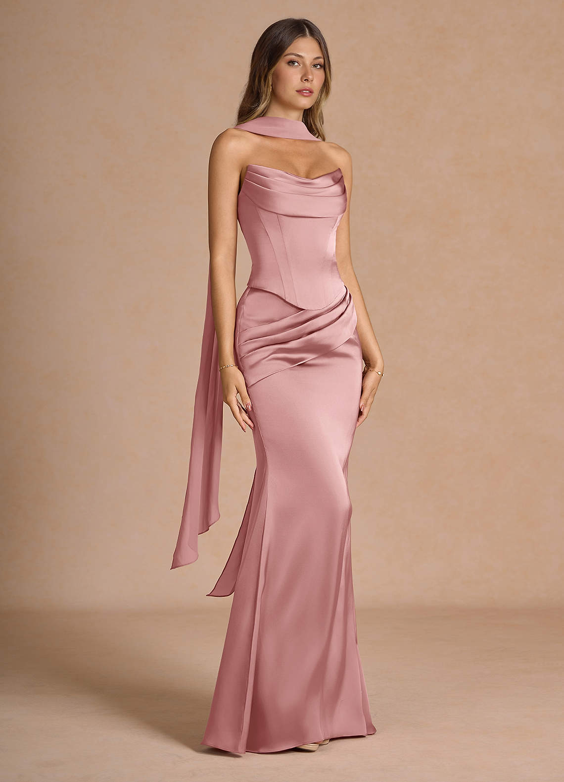 Sorrel Mermaid Corset Stretch Satin Evening Set in Light Pink