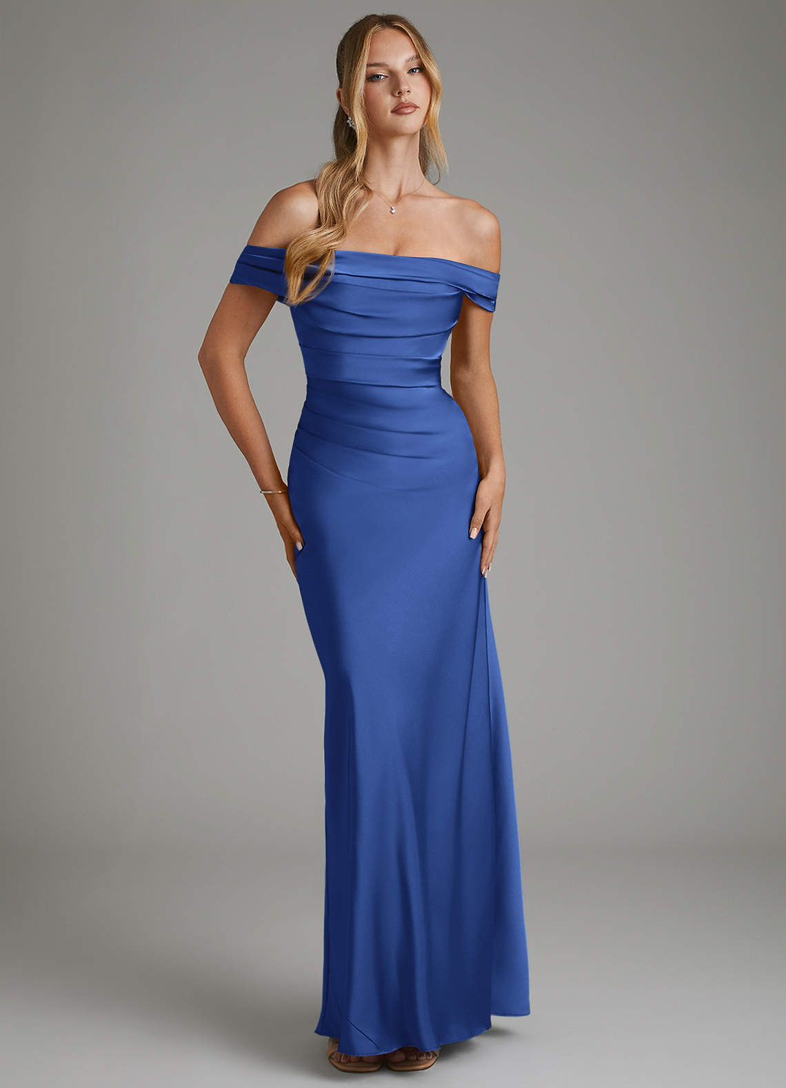 Hayden Mermaid Off-the-Shoulder Stretch Satin Bridesmaid Dress in Royal Blue