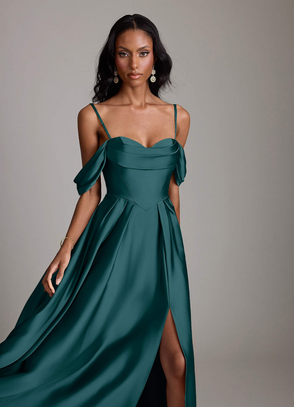 Loisa A-Line Off-the-Shoulder Stretch Satin Bridesmaid Dress in Pine