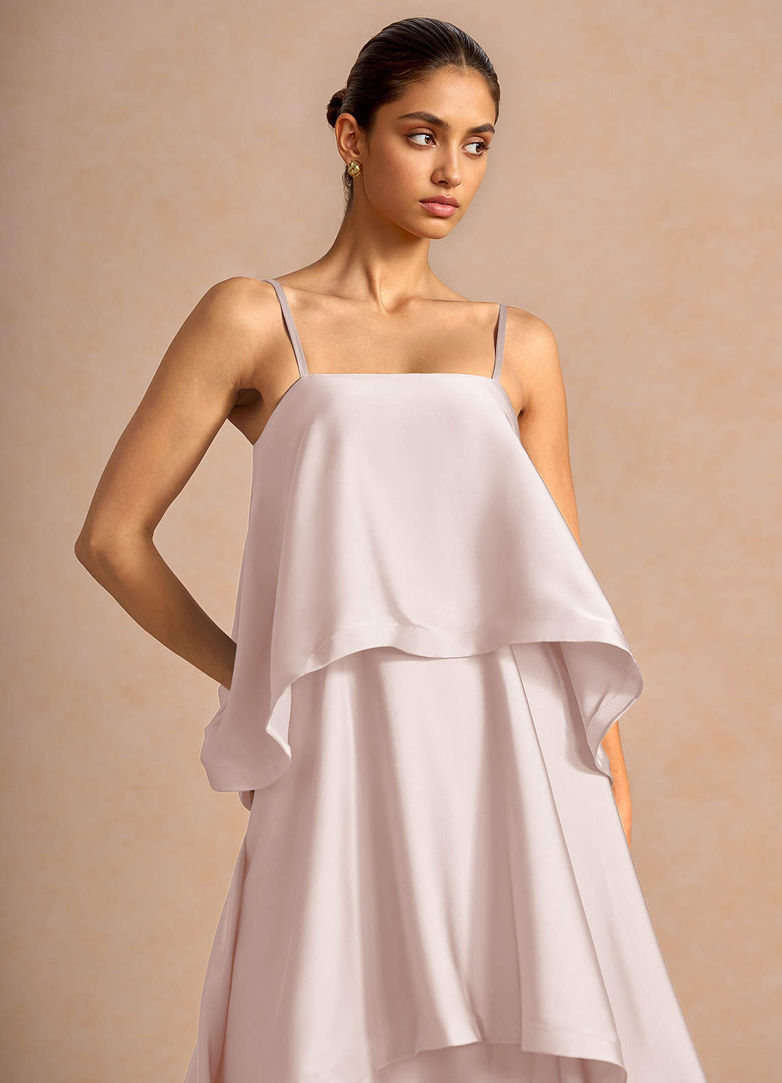 Itasca A-Line Tiered Stretch Satin Wedding Guest Dress in Powder Pink
