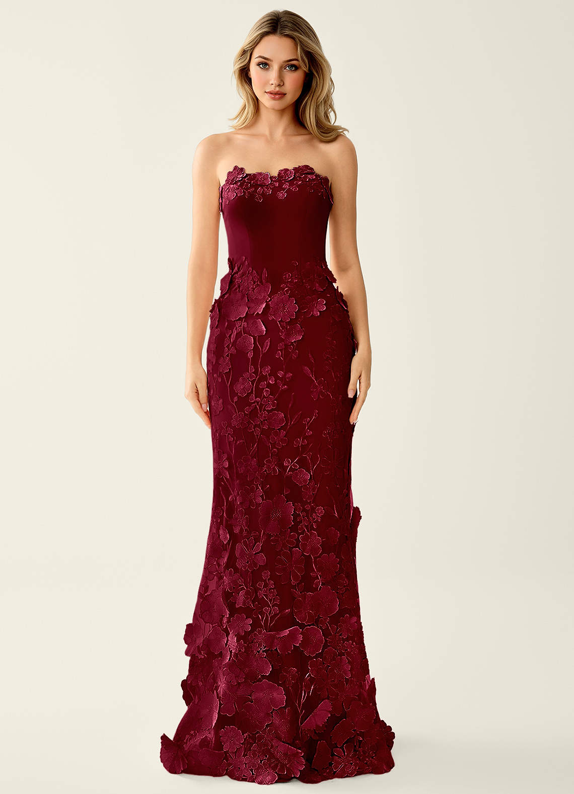 Wrensincia Mermaid Strapless Crystal Linen Satin Evening Dress in Burgundy