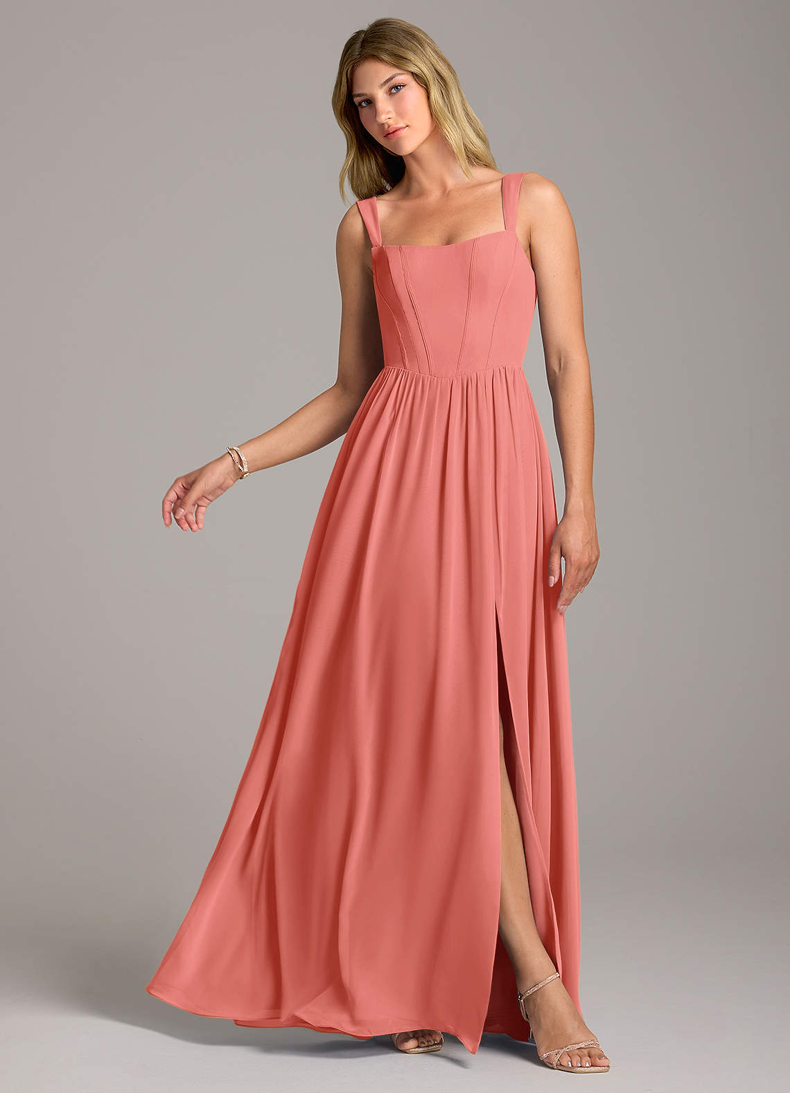 Rosaline A-Line Square-Neck Chiffon Bridesmaid Dress in Salmon Pink