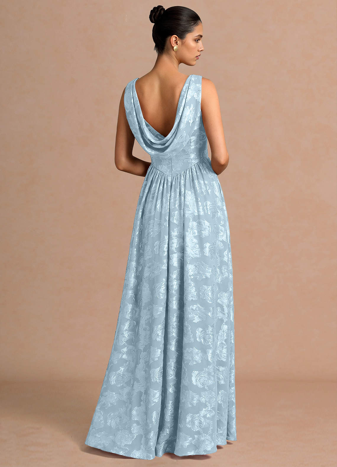 Novi A-Line Draped-Neck Floral Fil Coupé Evening Dress in Powder Blue