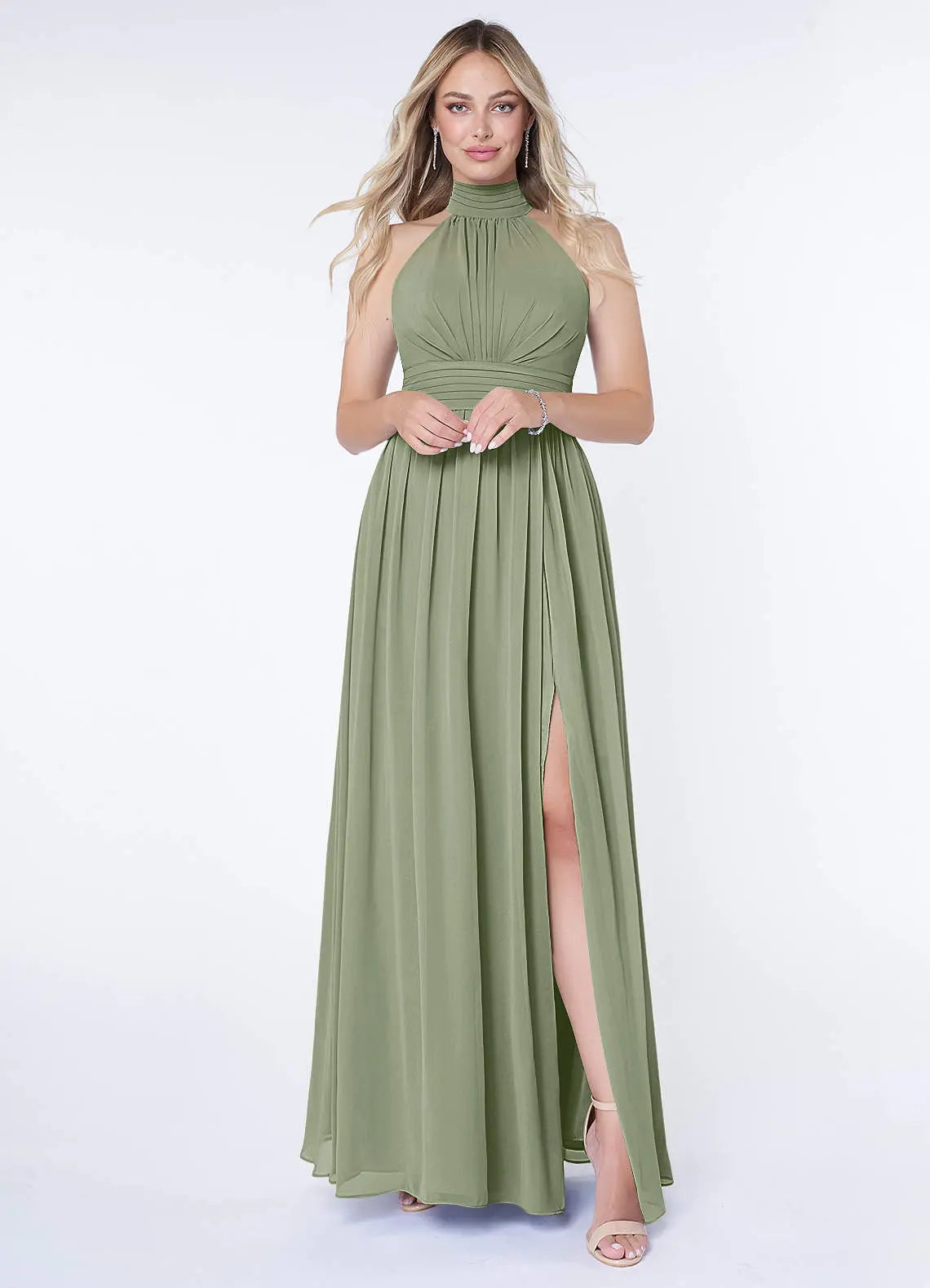 Iman A-Line Halter Chiffon Bridesmaid Dress in Basil