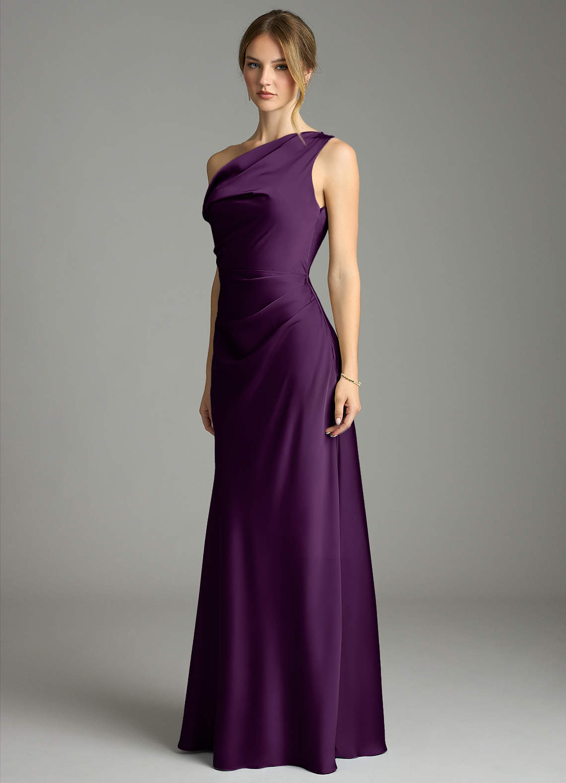 Emerson Mermaid One-Shoulder Stretch Satin Bridesmaid Dress in Grape