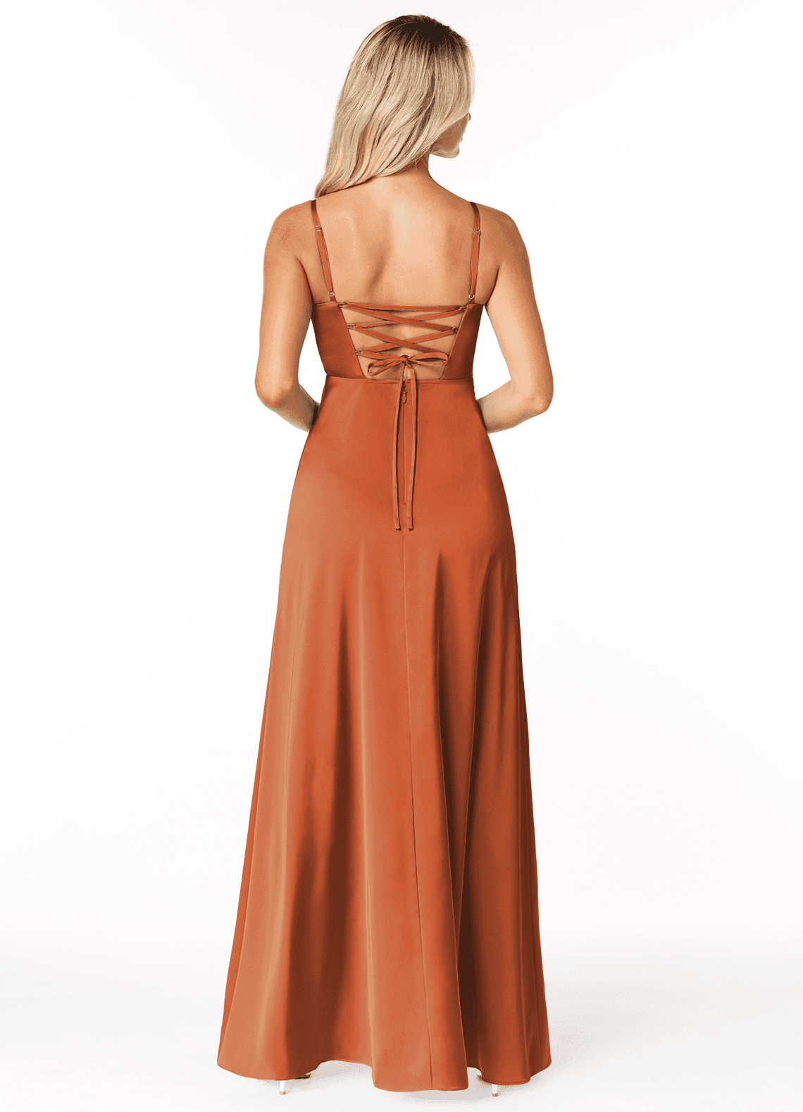 Marchella A-Line V-Neck Stretch Satin Bridesmaid Dress in Cinnamon