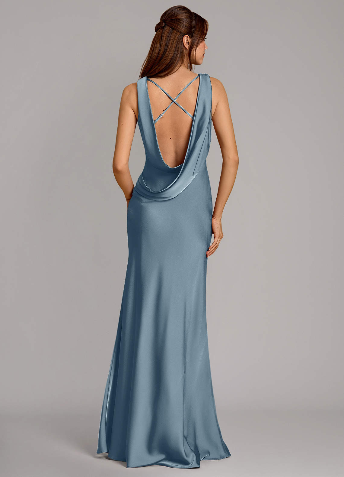 Cheryl Mermaid Cowl-Neck Stretch Satin Bridesmaid Dress in dusty blue