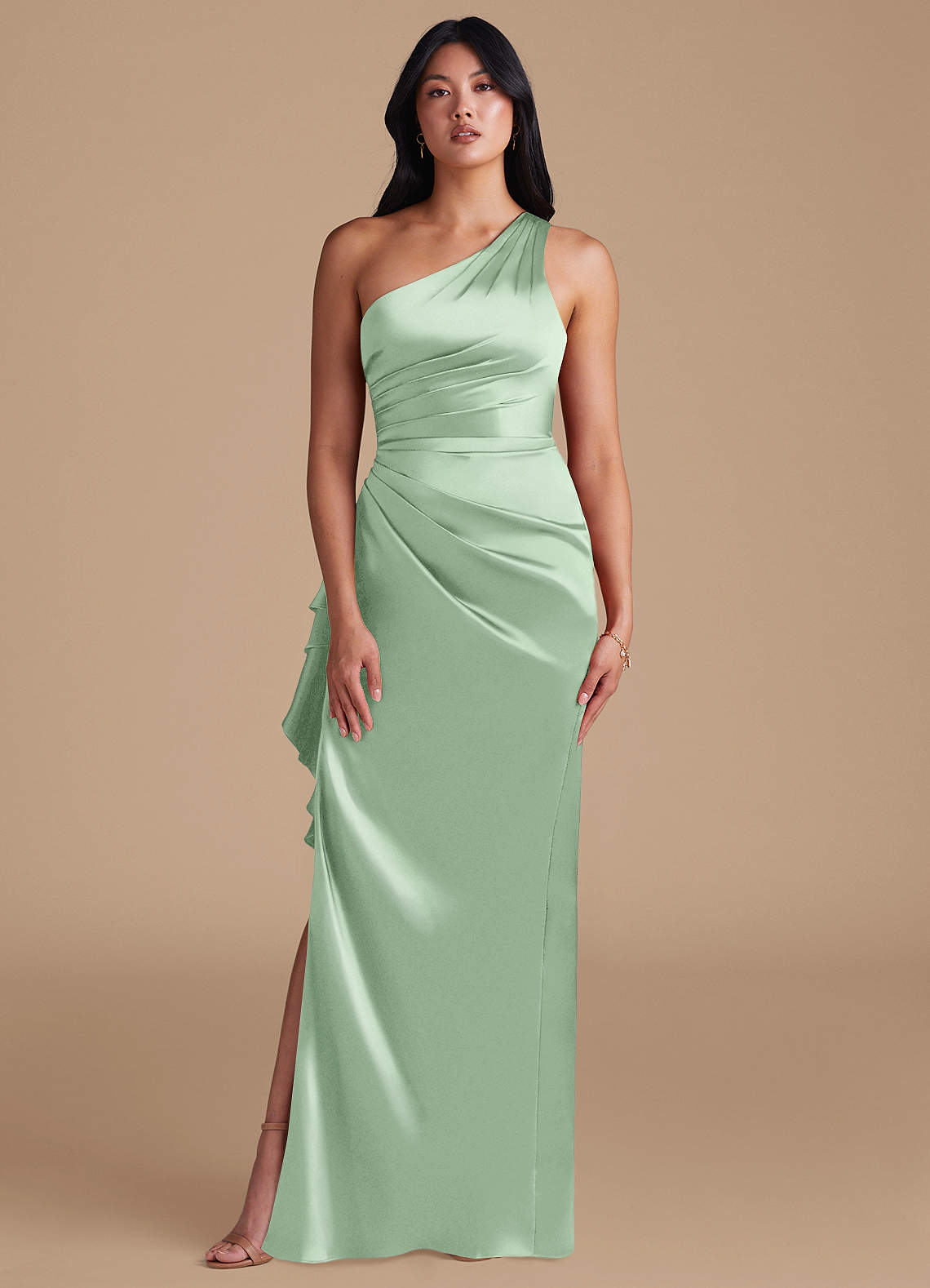 Latrice Sheath One-Shoulder Metallic Satin Bridesmaid Dress in Matcha