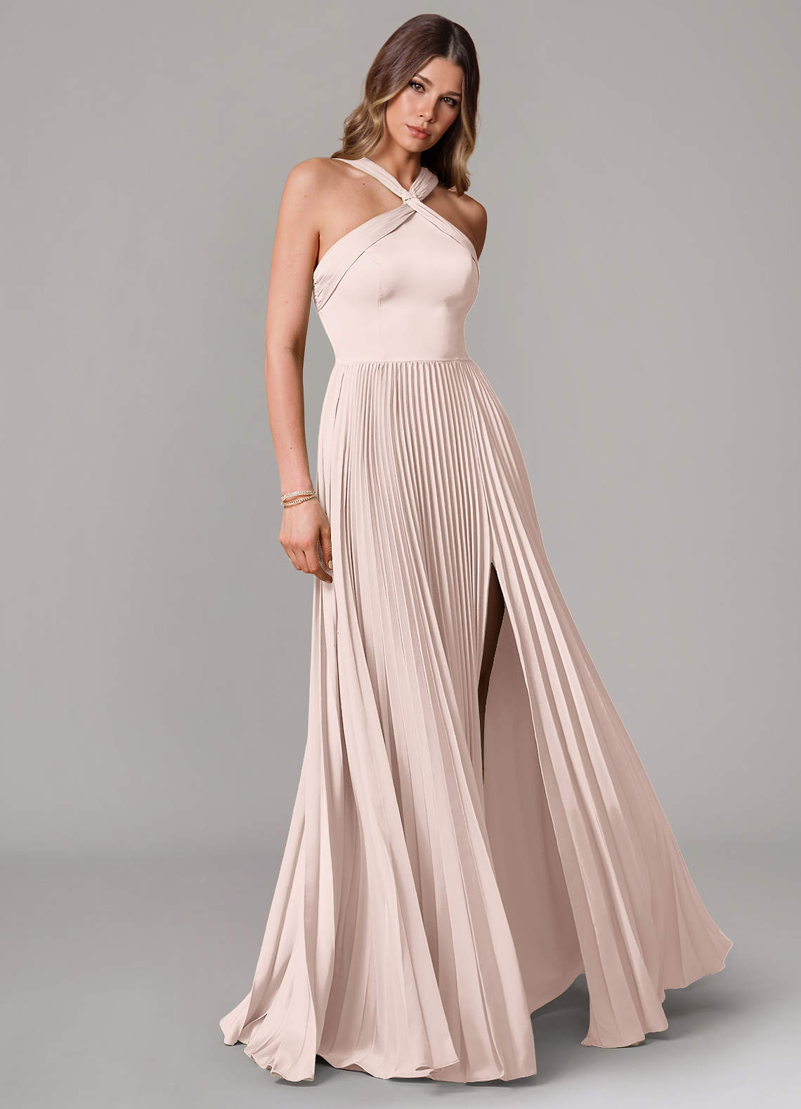 Afra A-Line Halter-Neck Stretch Satin Bridesmaid Dress in Blushing Pink