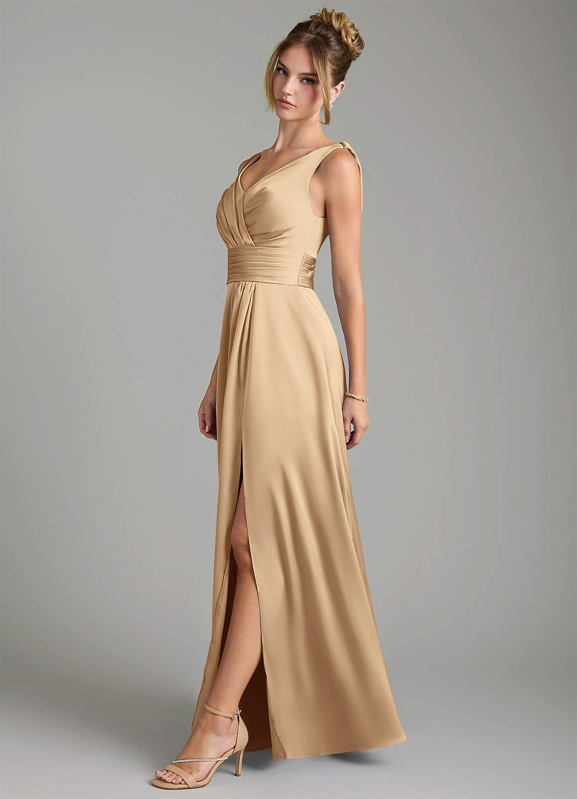 Karina A-Line V-Neck Stretch Satin Bridesmaid Dress in Champagne