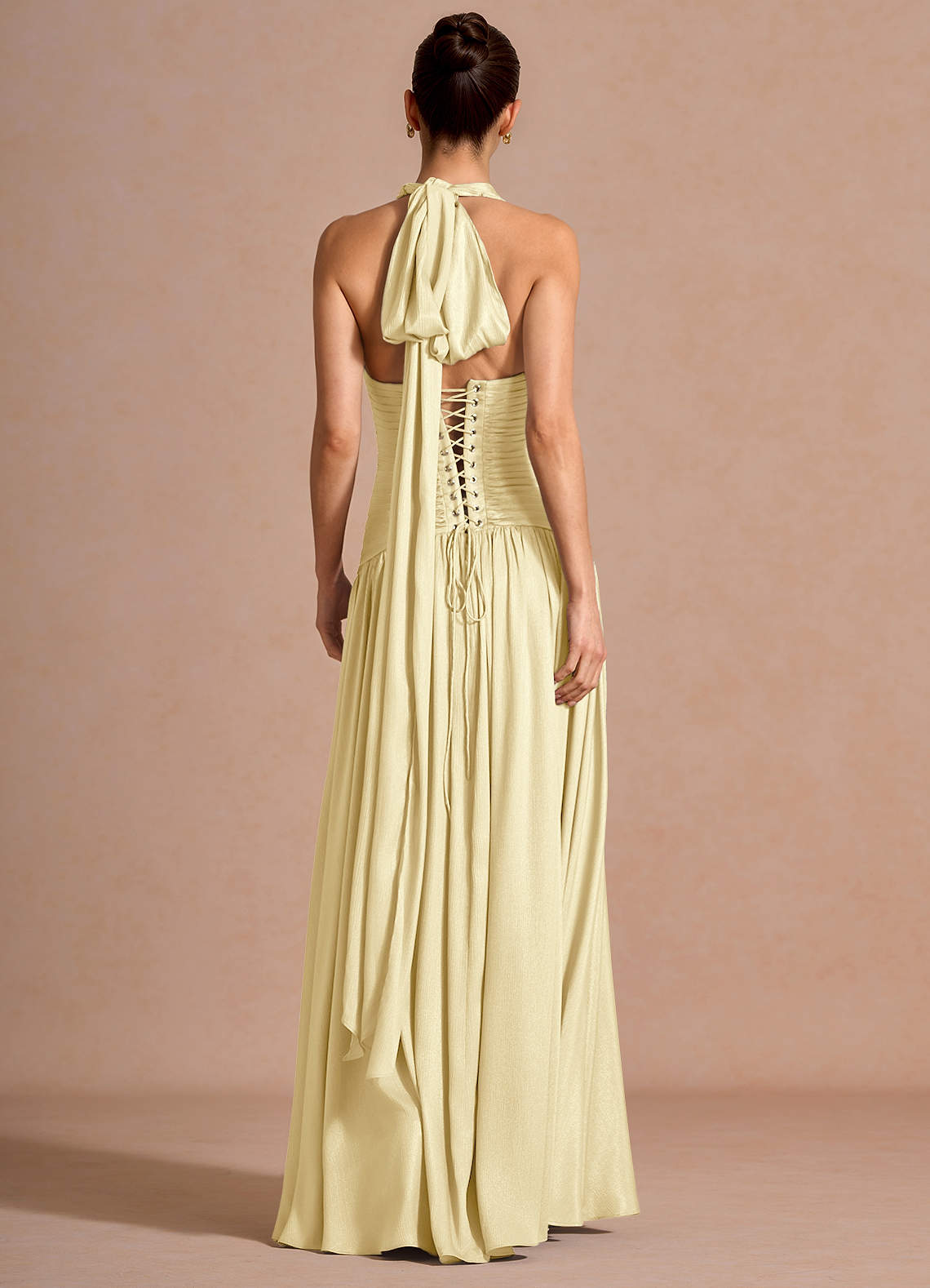 Hecate A-Line Halter Satin-Faced Chiffon Evening Dress in Lemon Sorbet