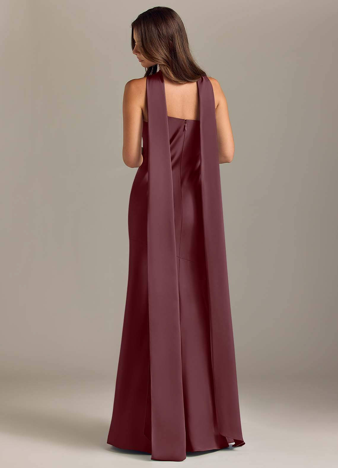 Kinsley Mermaid Halter Stretch Satin Bridesmaid Dress in Sangria