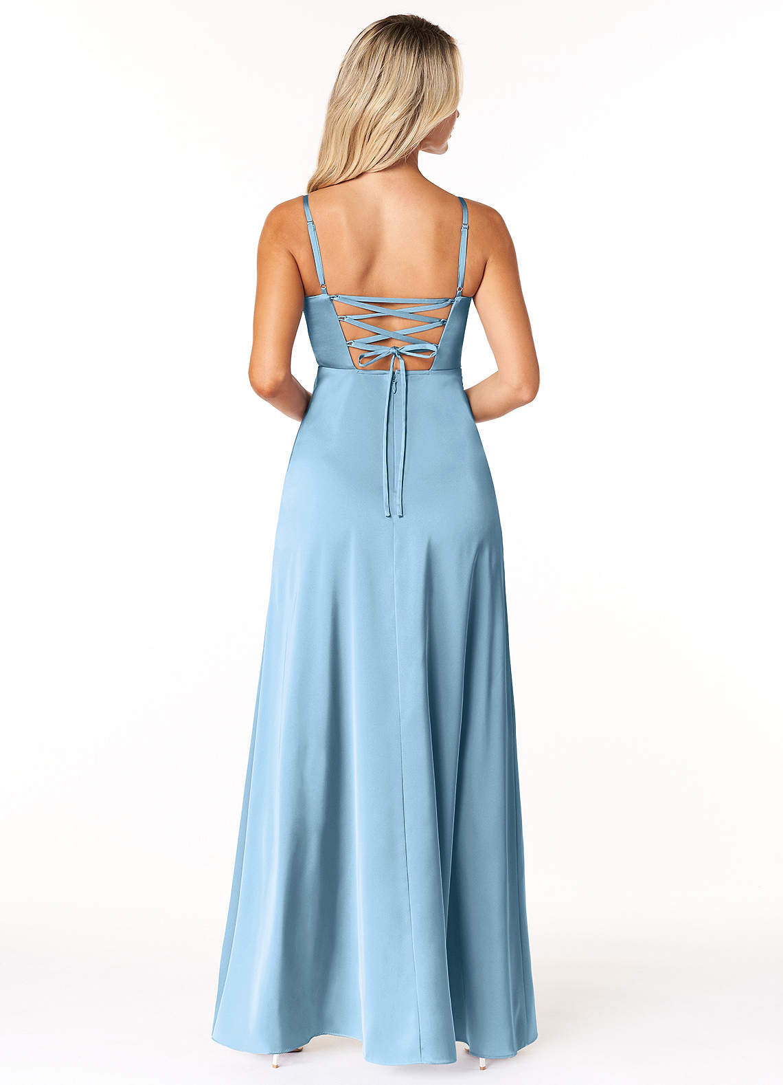 Marchella A-Line V-Neck Stretch Satin Bridesmaid Dress in Steel Blue