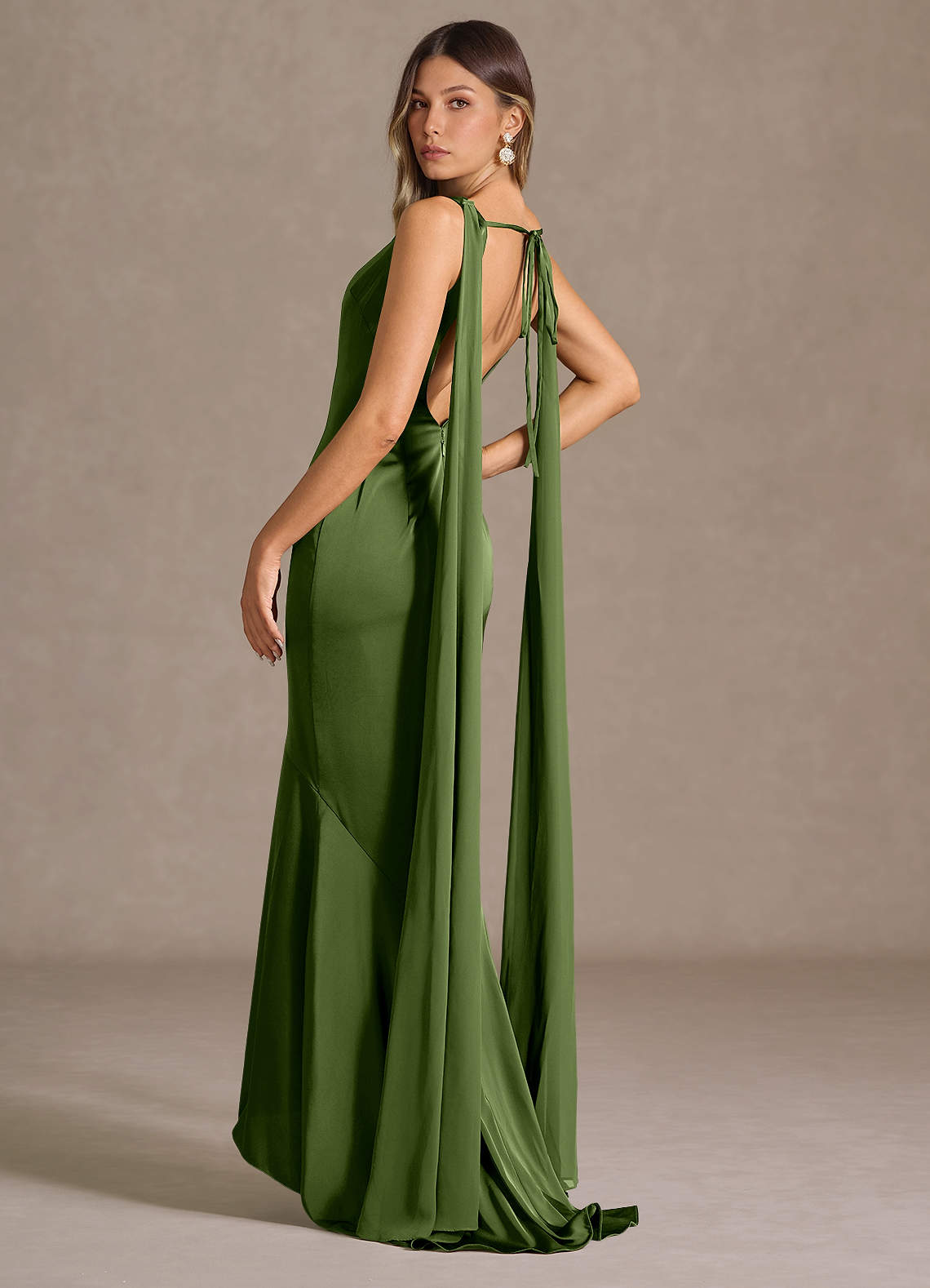 Wynne Mermaid Shoulder-Scarf Stretch Satin Evening Dress in Olive