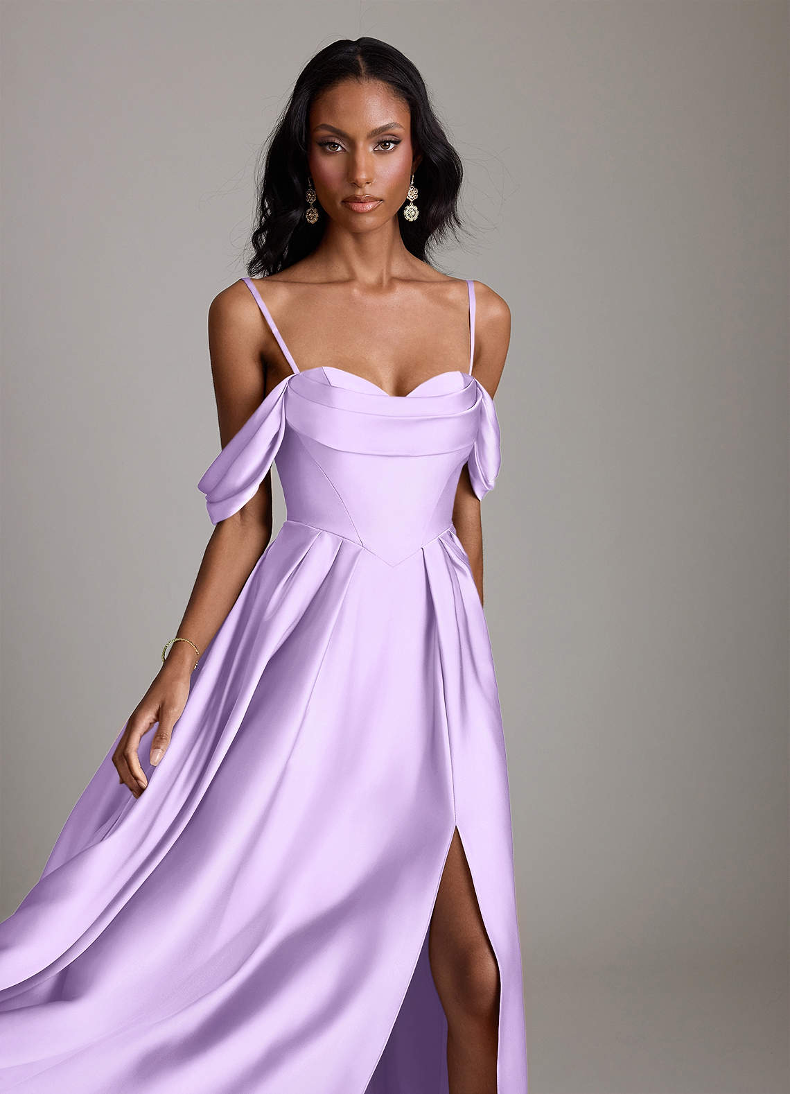 Loisa A-Line Off-the-Shoulder Stretch Satin Bridesmaid Dress in Lilac