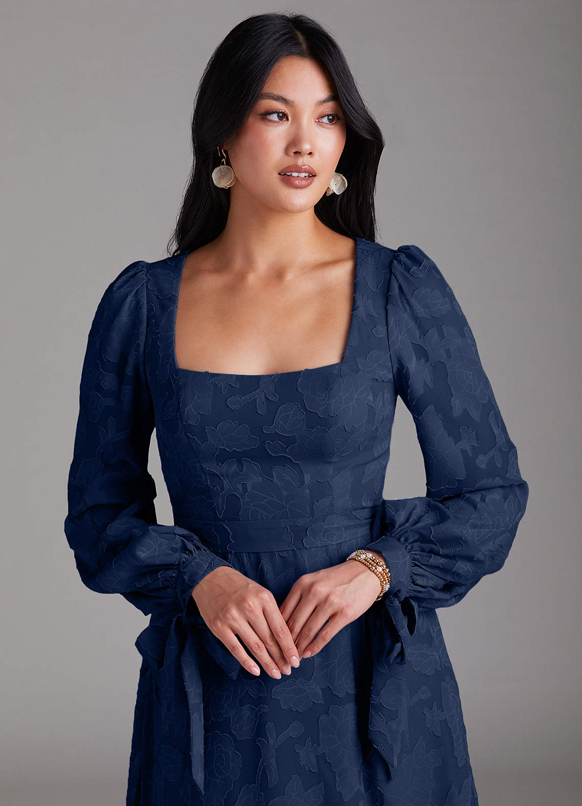 Leonia A-Line Square-Neck Stretch Satin Bridesmaid Dress in Dark Navy