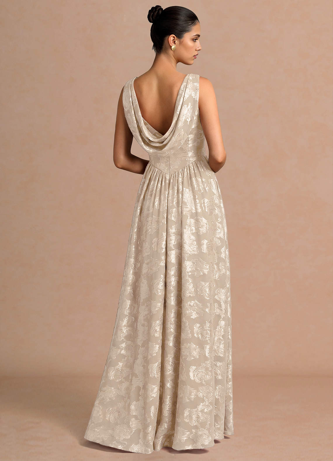 Novi A-Line Draped-Neck Floral Fil Coupé Evening Dress in Cream