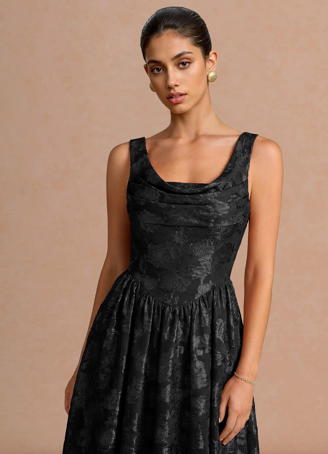 Novi A-Line Draped-Neck Floral Fil Coupé Evening Dress in Black