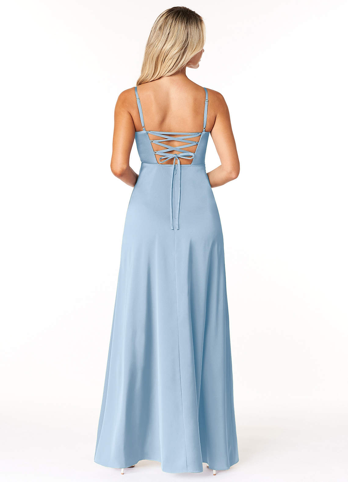Marchella A-Line V-Neck Stretch Satin Bridesmaid Dress in Powder Blue