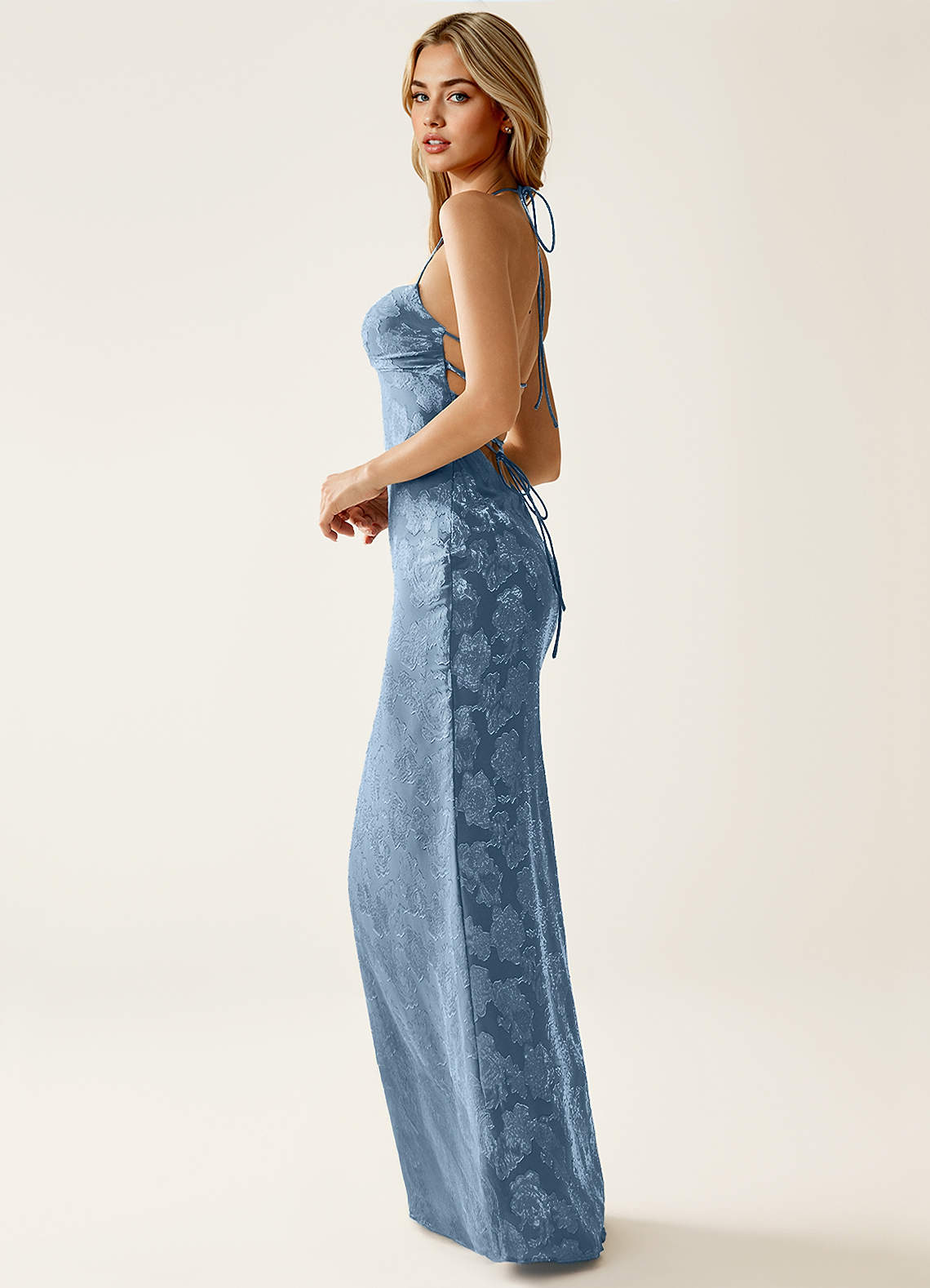 Angena Sheath Halter Floral Burnout Evening Dress in Dusty Blue