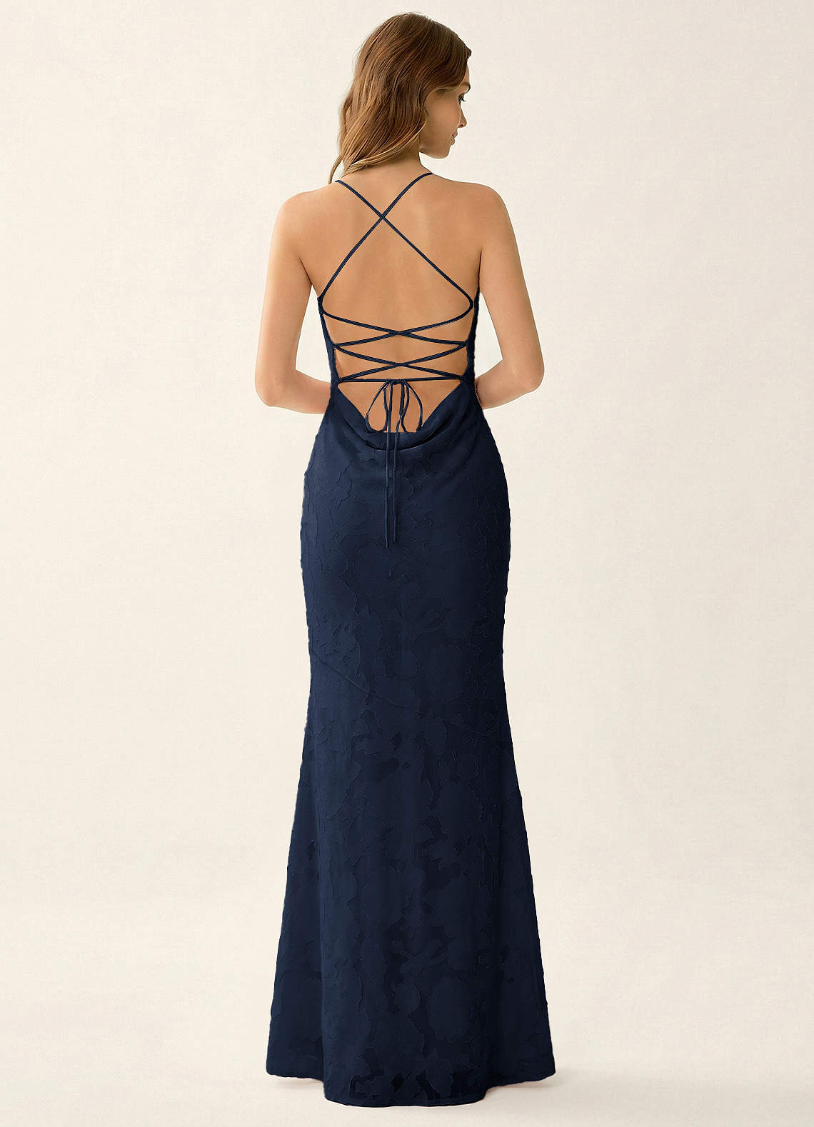 Natasha Mermaid Spaghetti-Strap Floral Burnout Evening Dress in Navy