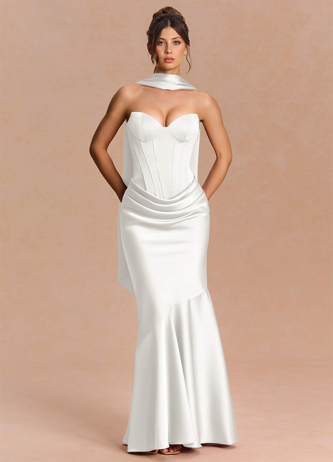 Euphemia Mermaid Strapless Stretch Satin Evening Dress in White