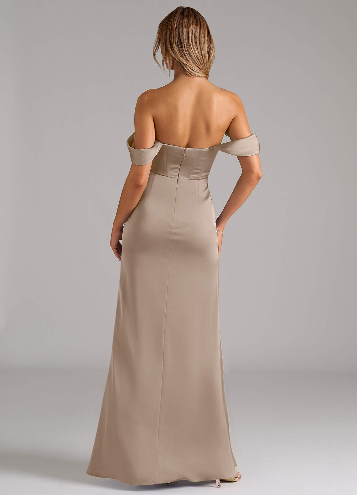 Johana Mermaid Off-the-Shoulder Stretch Satin Bridesmaid Dress in Taupe