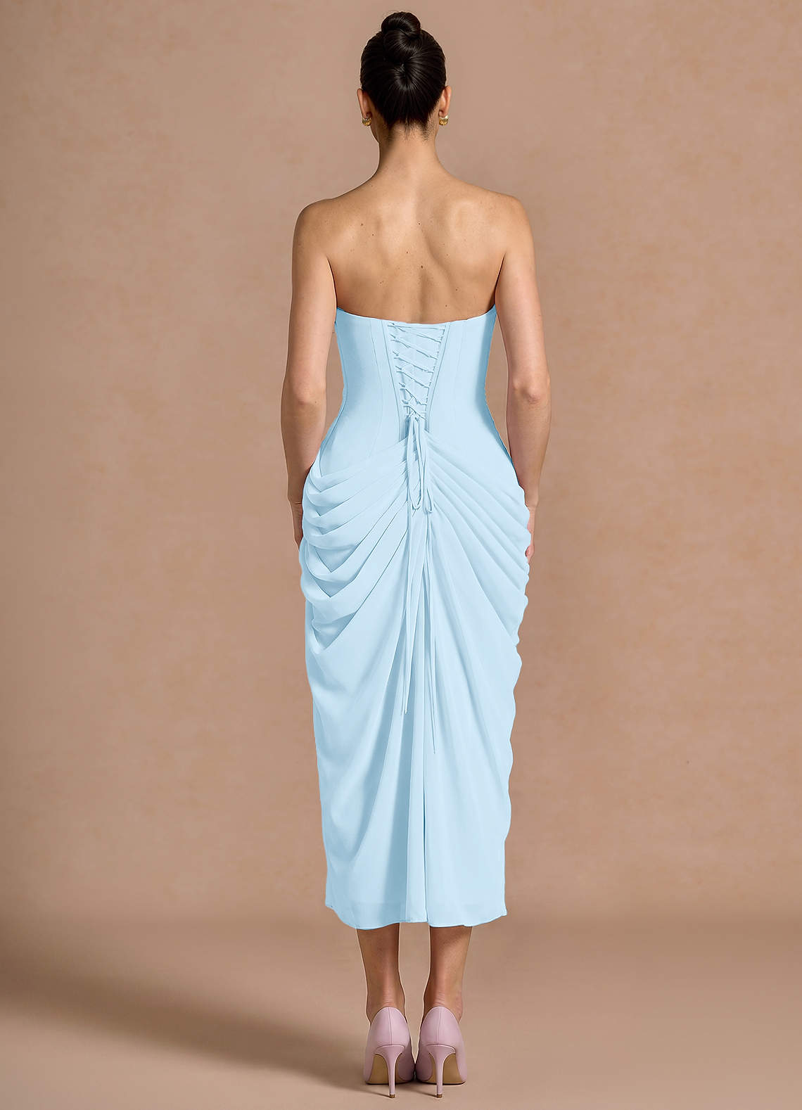 Kaavia Column Pleated Chiffon Midi Evening Dress in Light Blue
