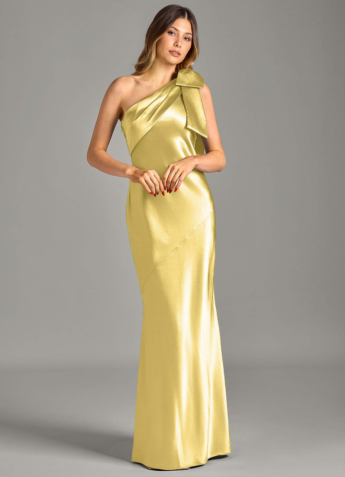 Yuanna Mermaid One-Shoulder Metallic Satin Bridesmaid Dress in Canary