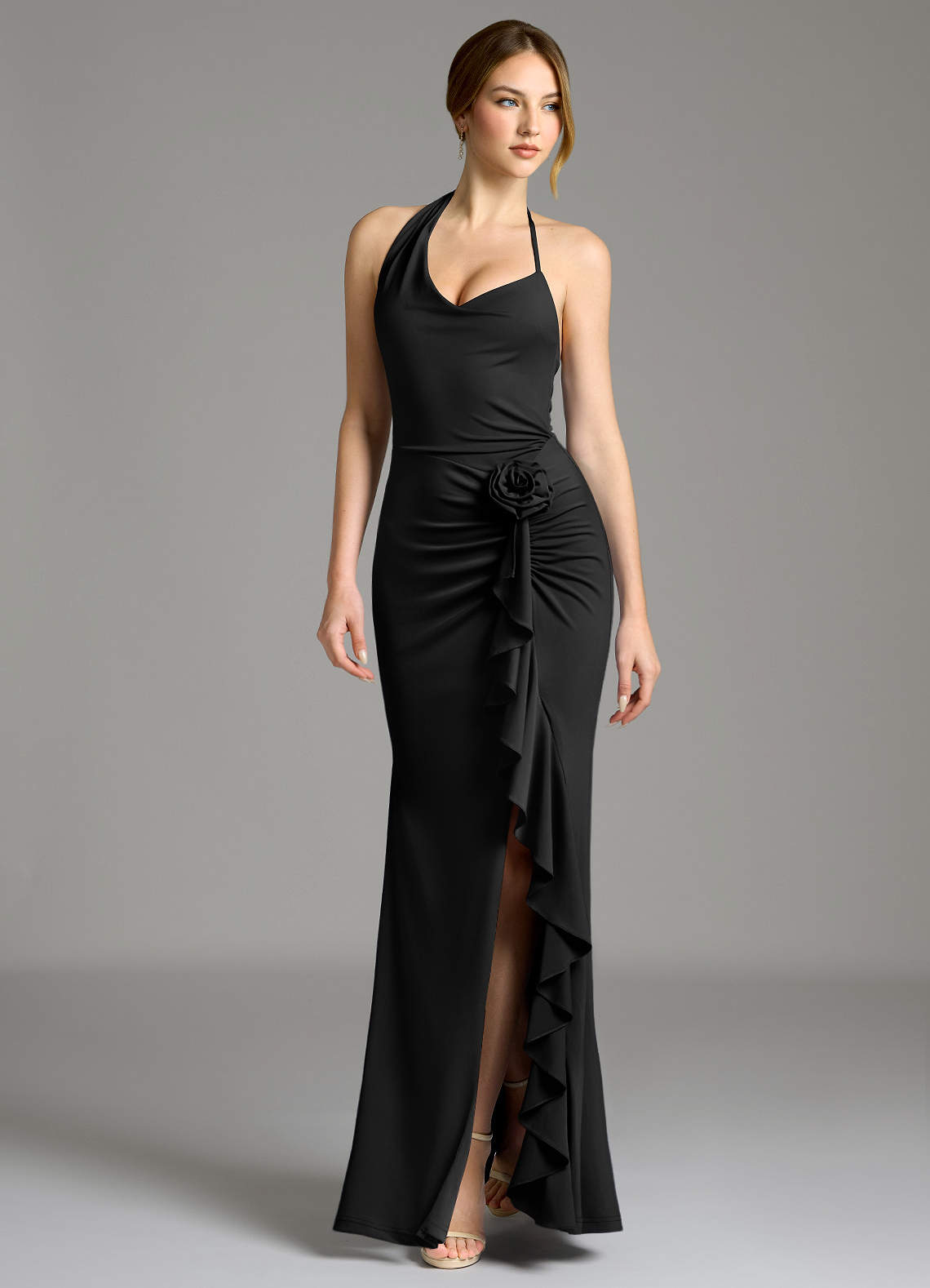 Gwyneth Mermaid Halter Tulle and Stretch Jersey Bridesmaid Dress in black