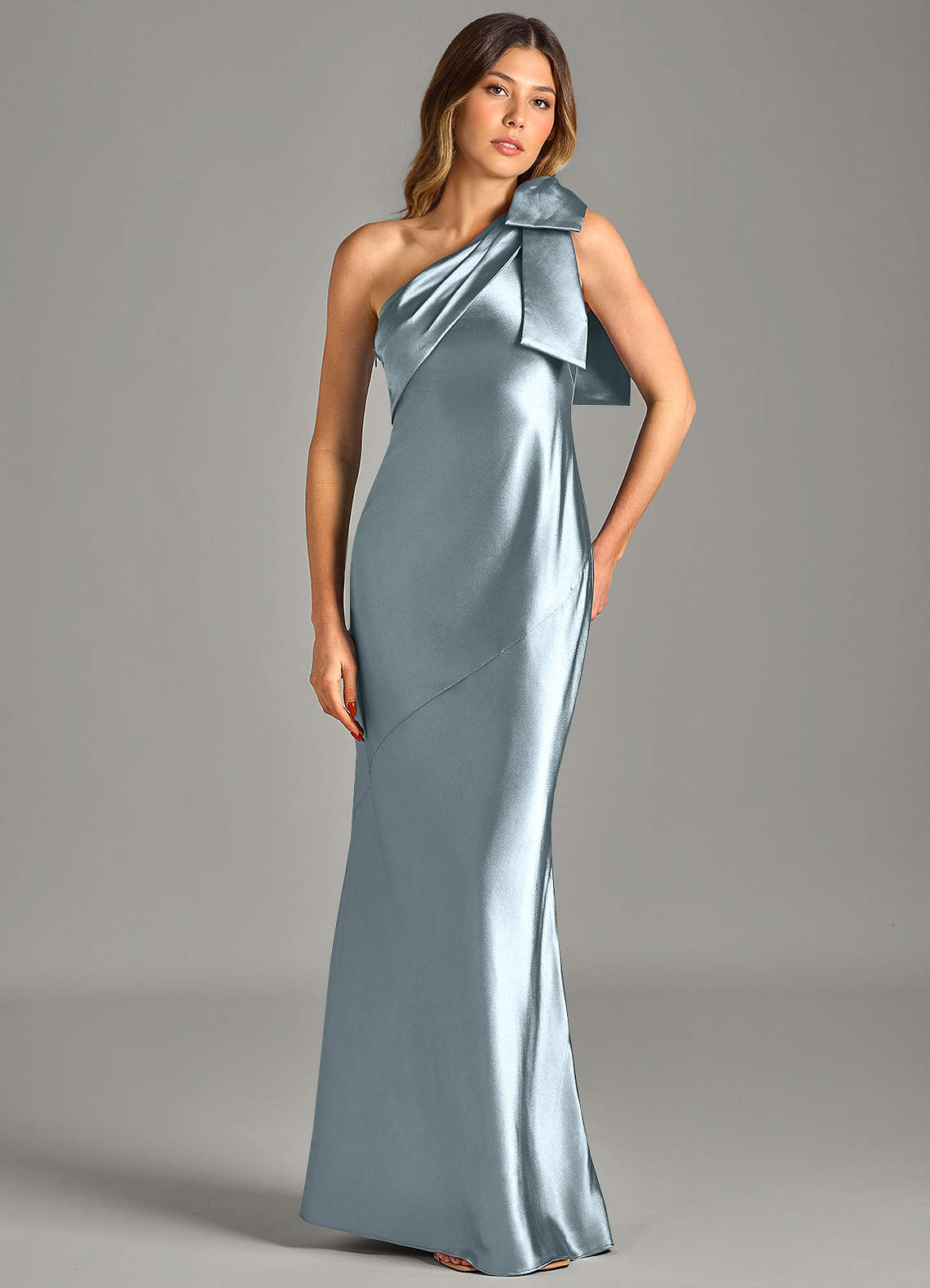 Yuanna Mermaid One-Shoulder Metallic Satin Bridesmaid Dress in dusty blue