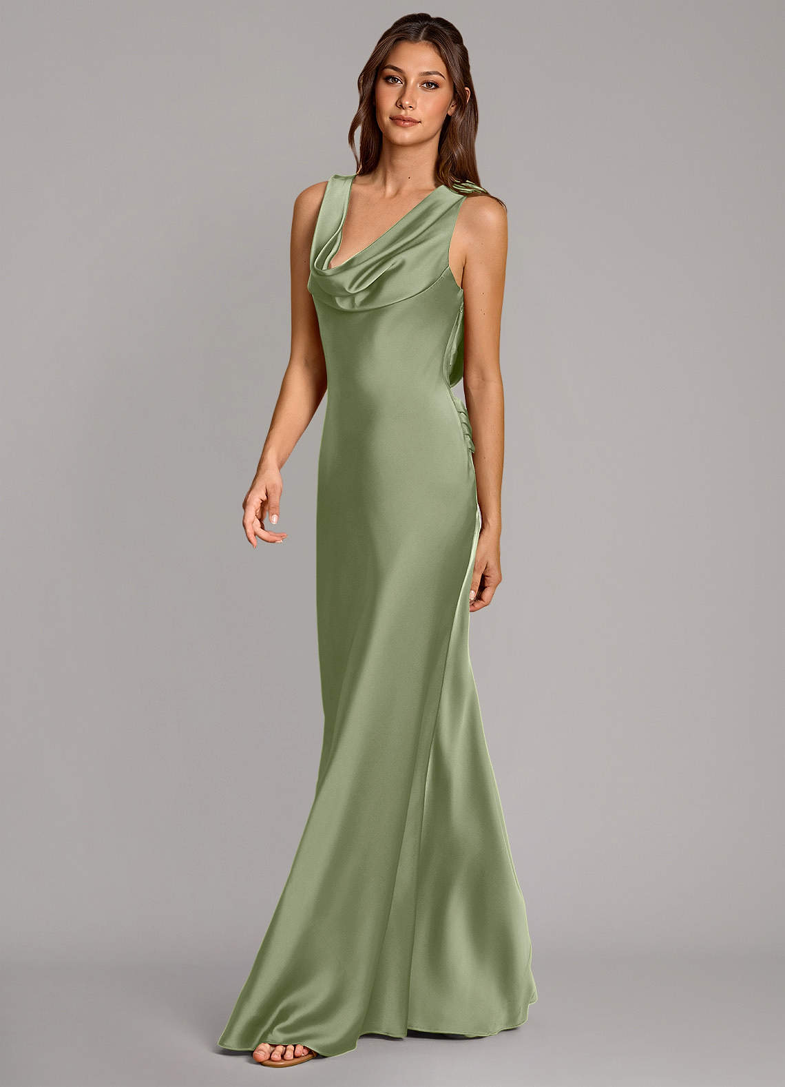 Cheryl Mermaid Cowl-Neck Stretch Satin Bridesmaid Dress in Pistachio