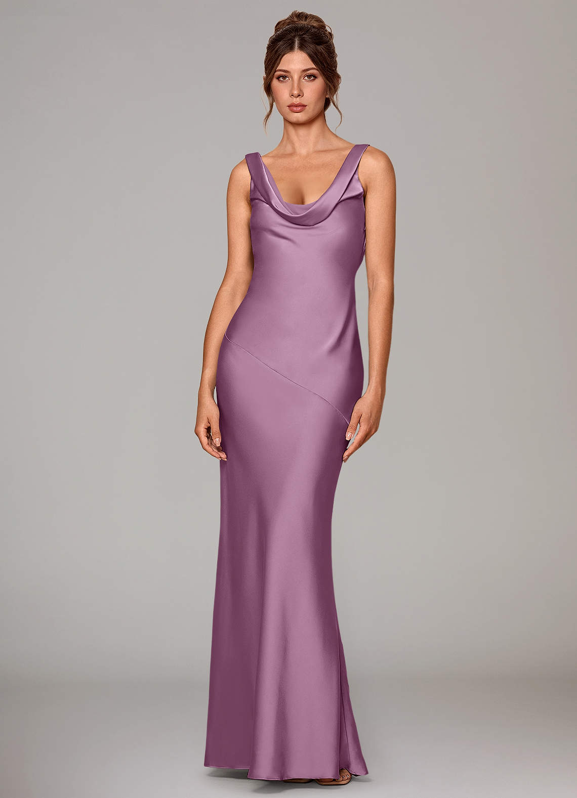 Rylina Mermaid Cowl-Neck Stretch Satin Bridesmaid Dress in Wisteria