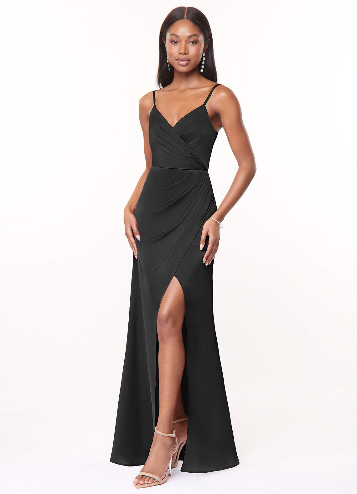 Maci A-Line V-Neck Stretch Satin Bridesmaid Dress in black