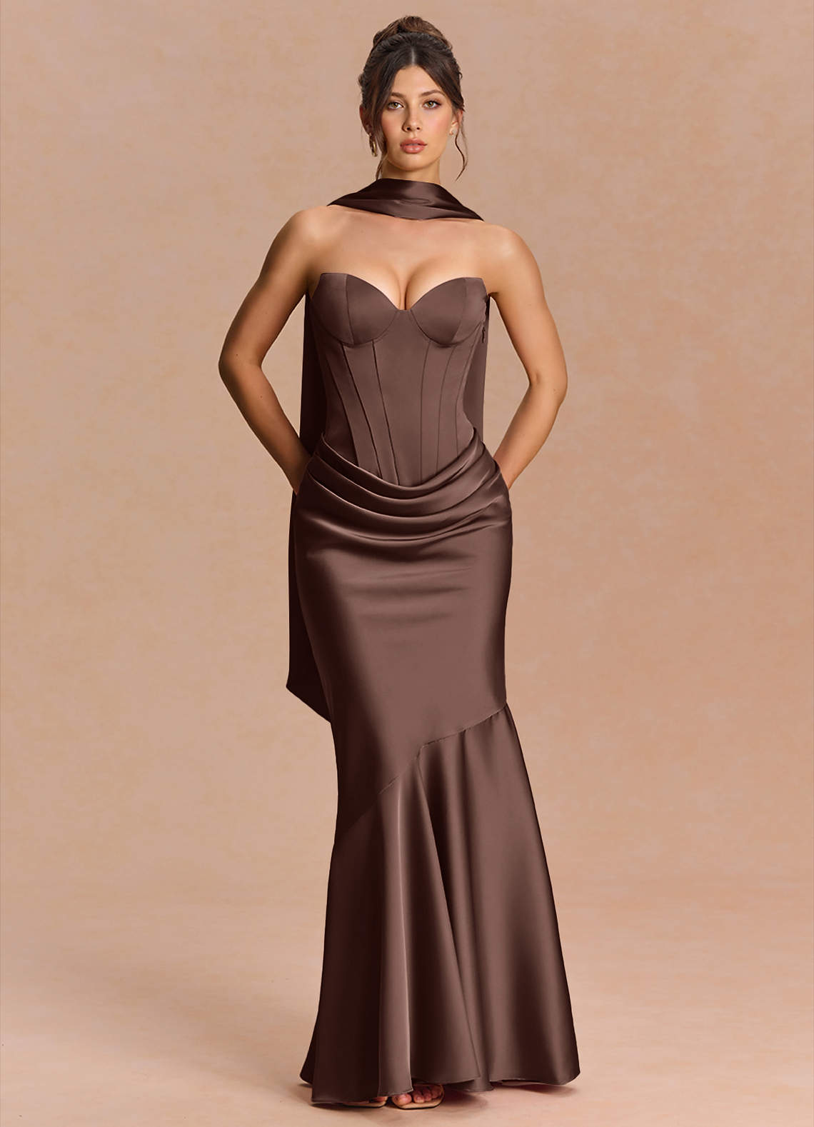 Euphemia Mermaid Strapless Stretch Satin Evening Dress in Truffle