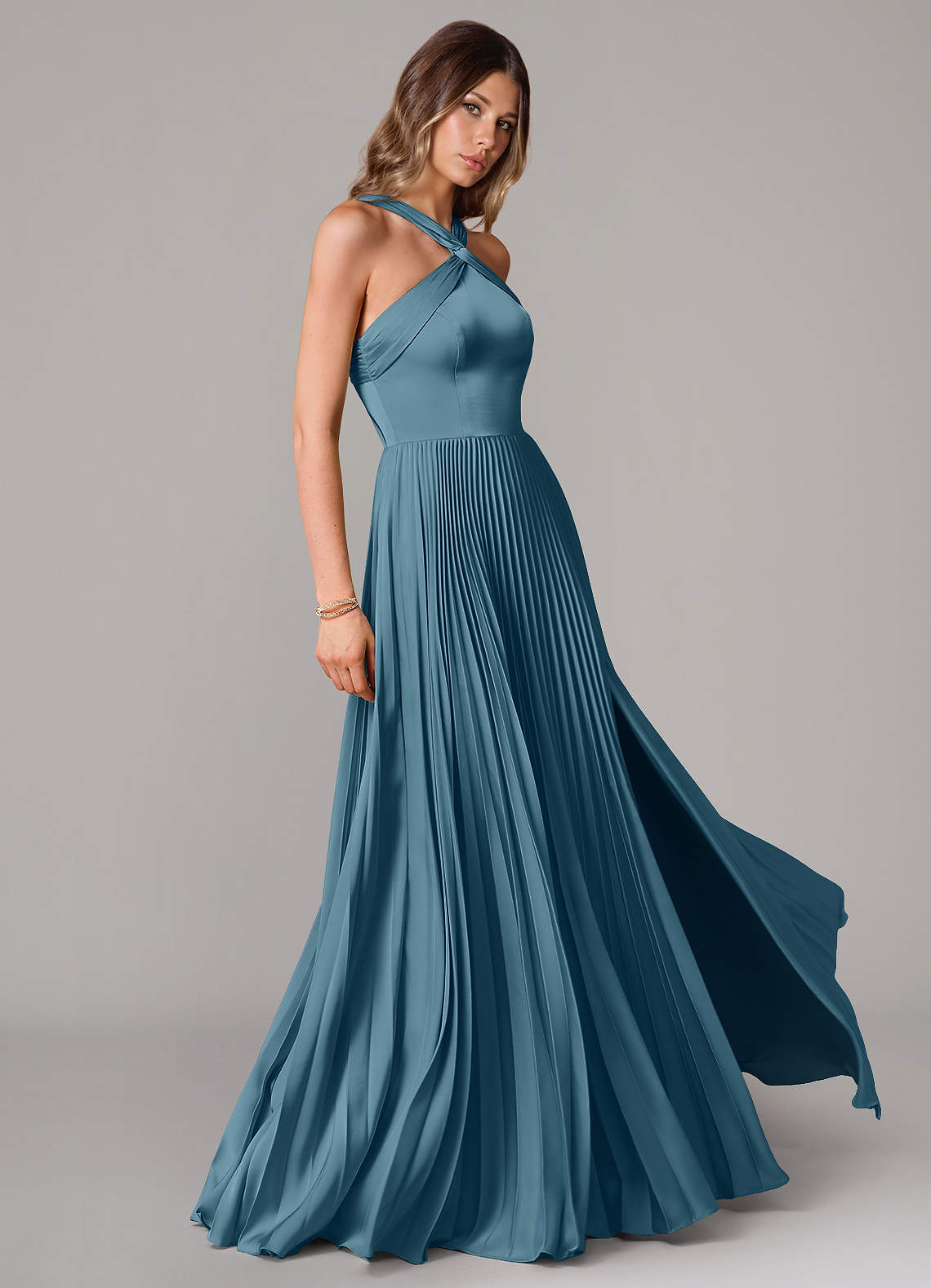 Afra A-Line Halter-Neck Stretch Satin Bridesmaid Dress in Bermuda