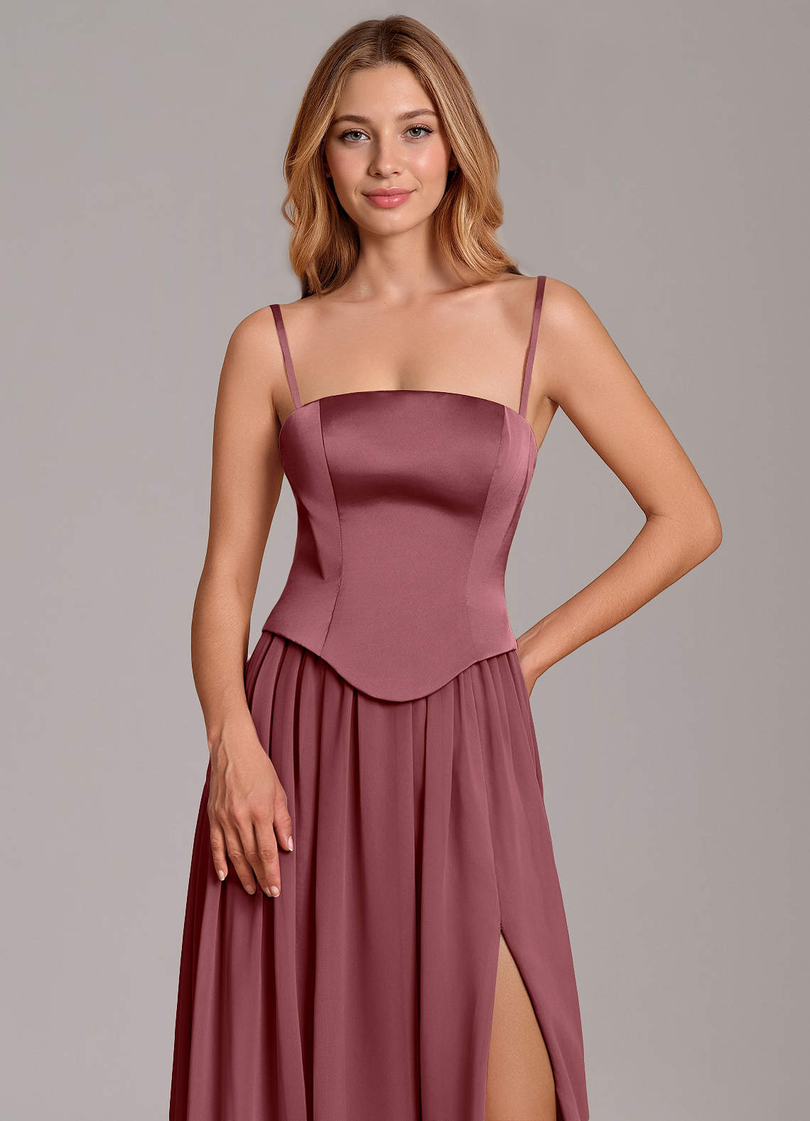 Cadence A-Line Strapless Chiffon and Stretch Satin Bridesmaid Dress in Desert Rose