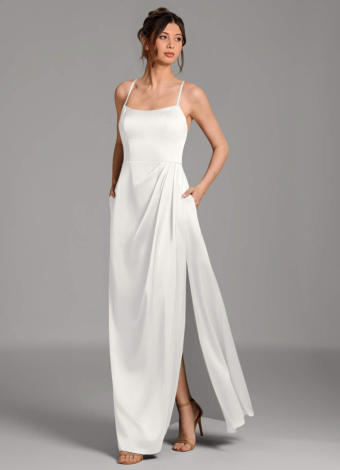 Frankie A-Line Scoop-Neck Stretch Satin Bridesmaid Dress in white