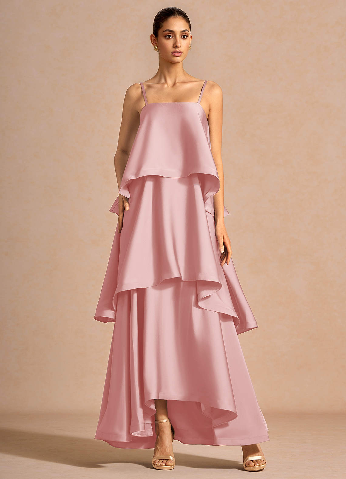 Itasca A-Line Tiered Stretch Satin Wedding Guest Dress in Haze Pink
