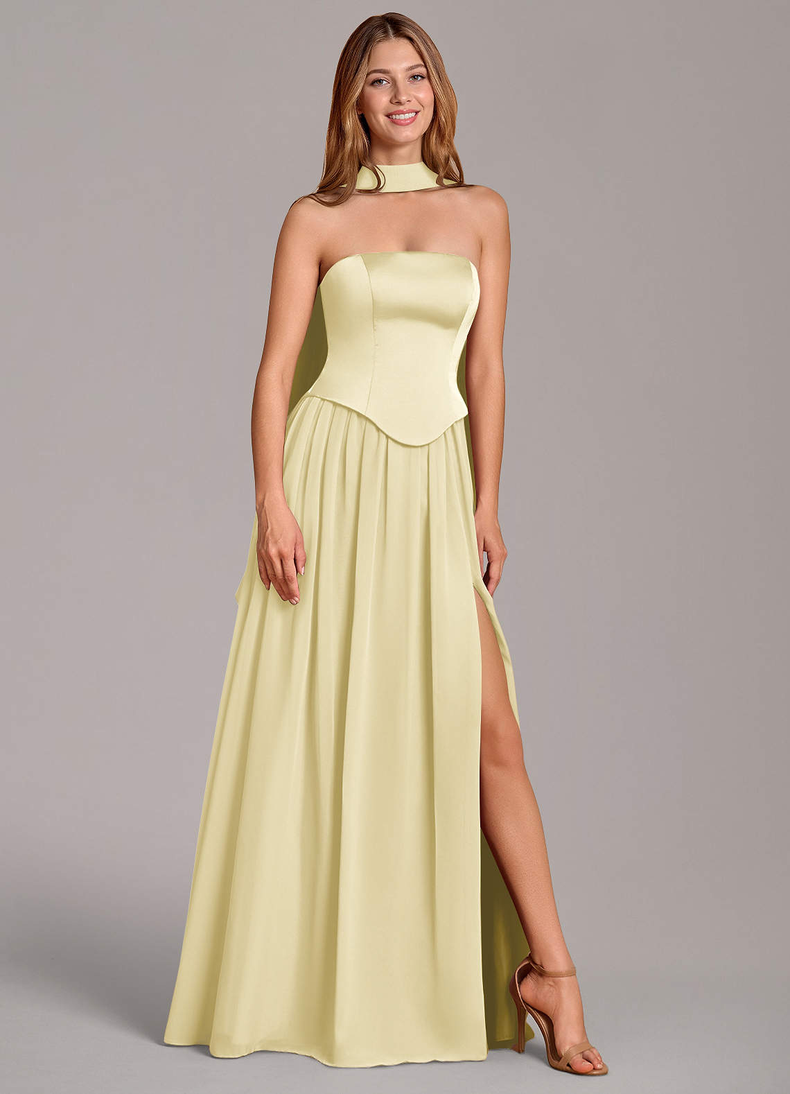 Cadence A-Line Strapless Chiffon and Stretch Satin Bridesmaid Dress in Lemon Sorbet