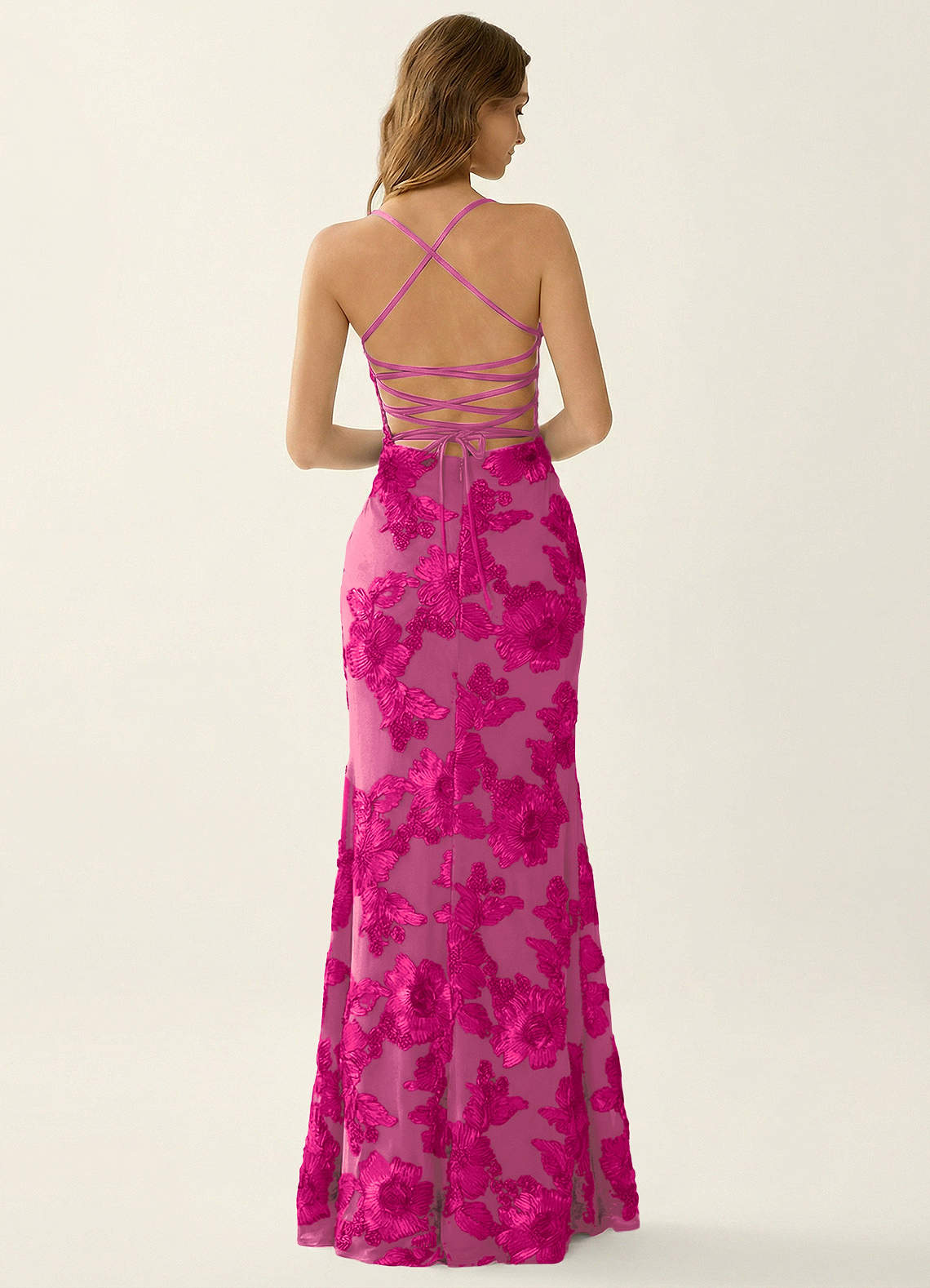 Kailani Mermaid Spaghetti-Strap Lace Evening Dress in Fuchsia
