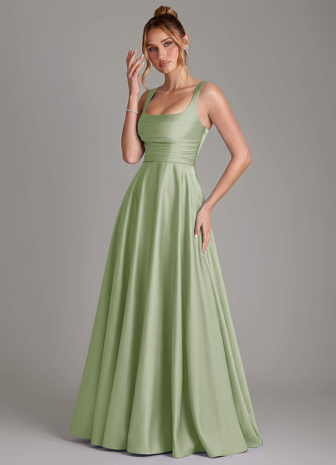 Azaria A-Line Square-Neck Stretch Satin Bridesmaid Dress in Dusty Sage
