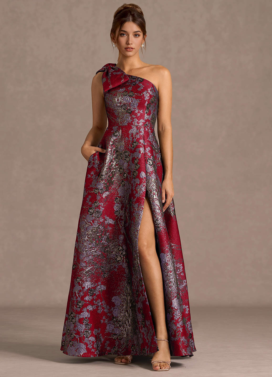Jonelle A-Line One-Shoulder Metallic Jacquard Evening Dress in Merlot