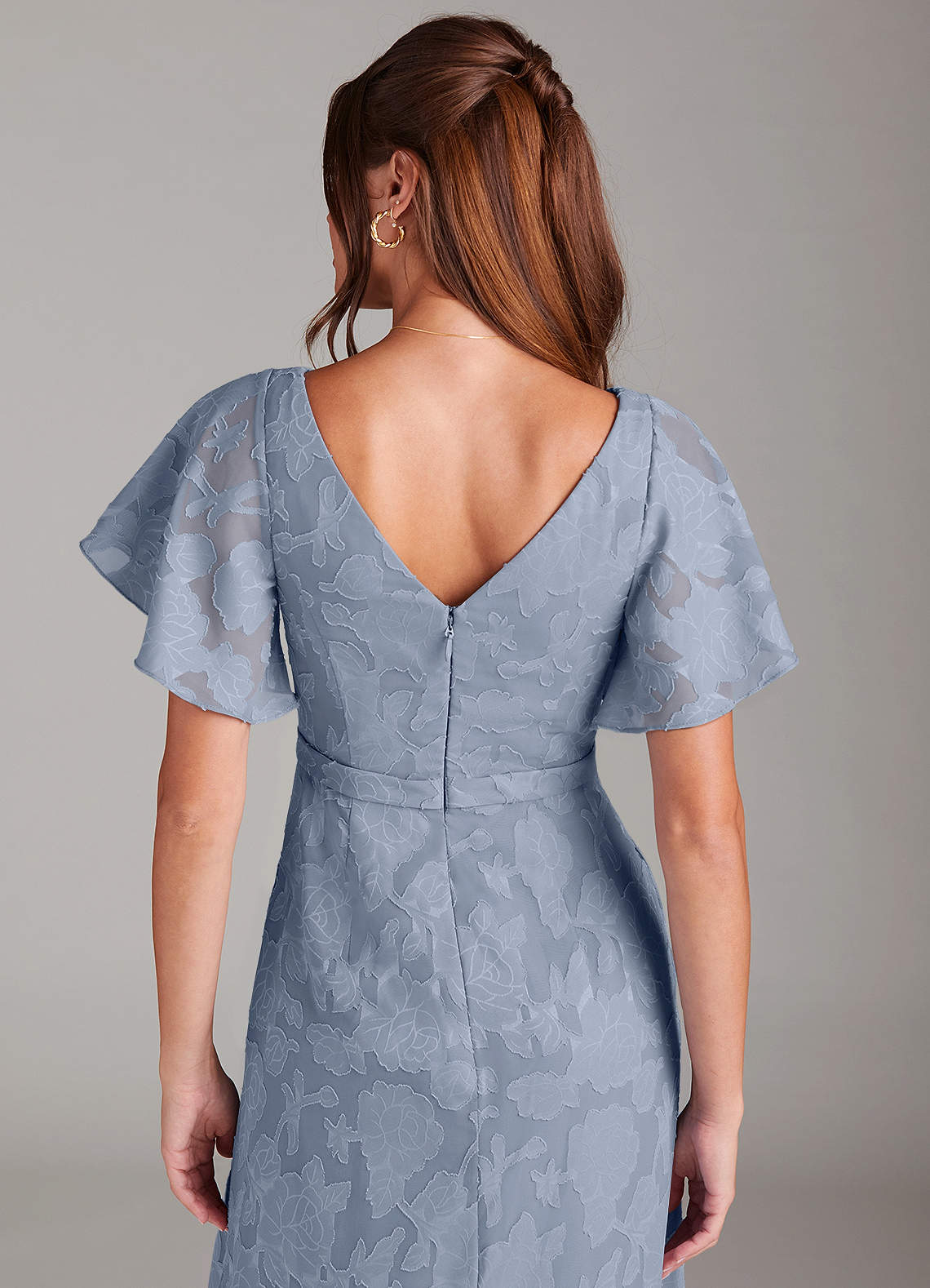 Ambrosia A-Line V-Neck Floral Burnout Bridesmaid Dress in dusty blue