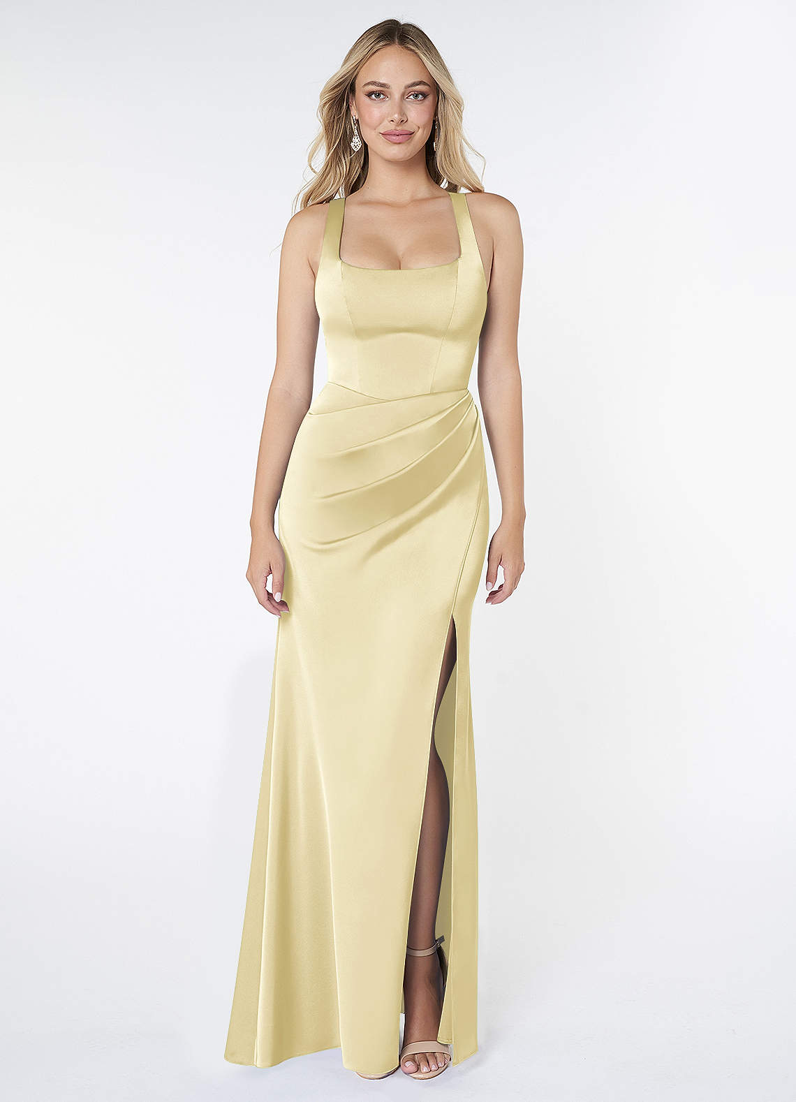 Mero Mermaid Square-Neck Stretch Satin Bridesmaid Dress in Lemon Sorbet