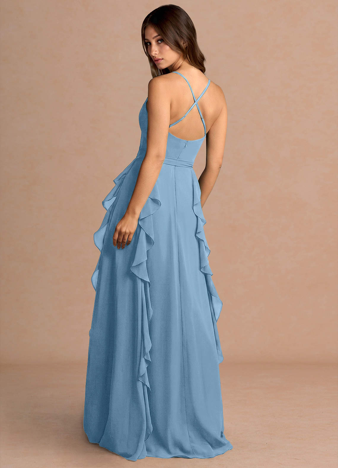 Alouette A-Line V-Neck Chiffon Evening Dress in Steel Blue