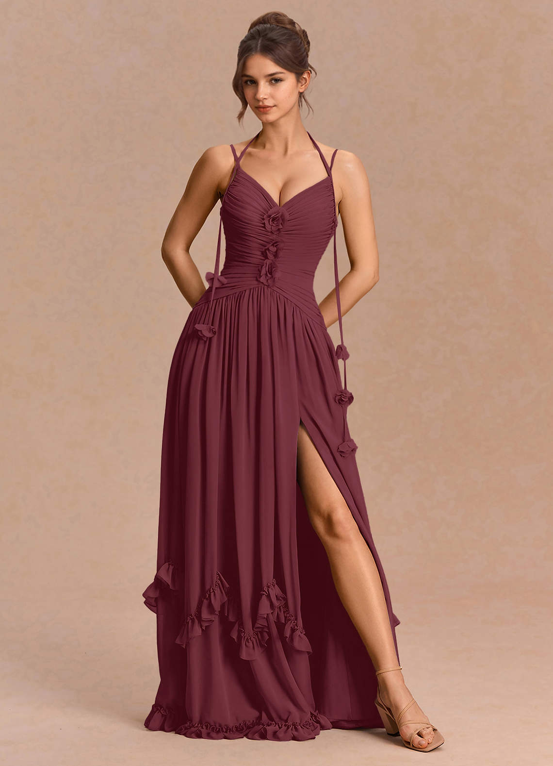 Eulalie A-Line Floral-Appliqué Chiffon Evening Dress in Wine